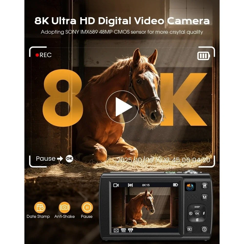 8K Digital Camera 88MP WiFi Vlogging Camera Dual Lens 16X Zoom Compact Travel